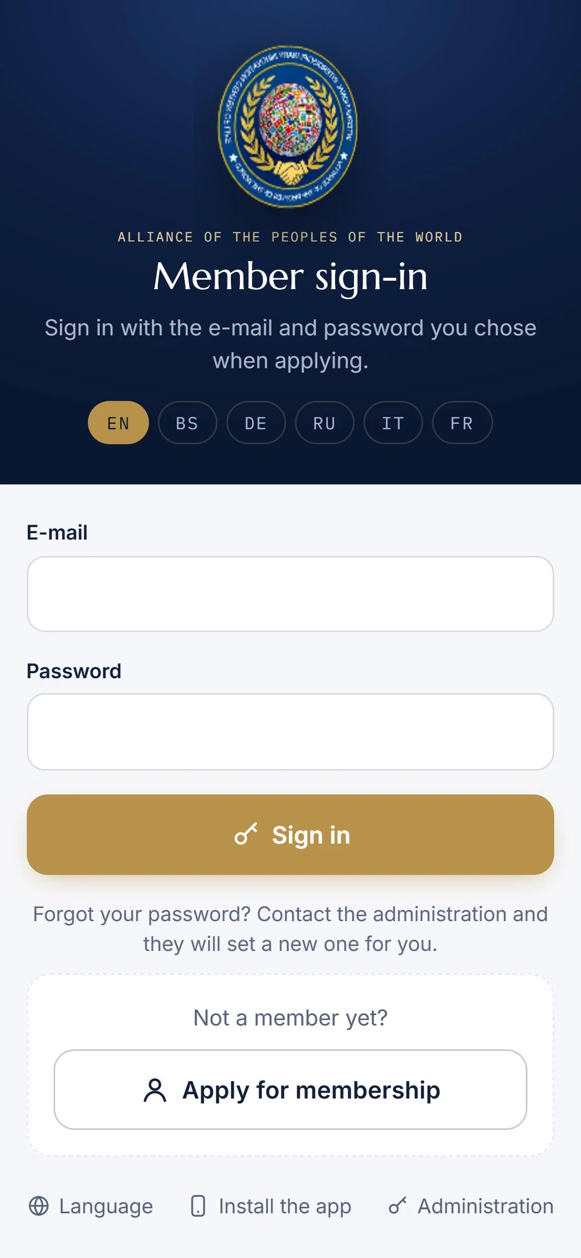 IPAOW member app sign-in screen